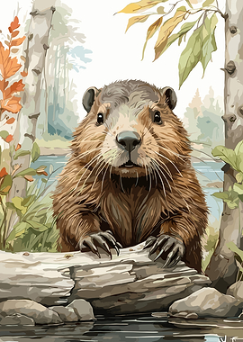 Cute Beaver Peeking Over Log