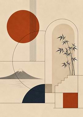 Geometric Japan: Mount Fuji, Bamboo & Rising Sun Minimalist Art