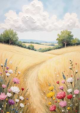 Impressionistic Field of Flowers and Wheat