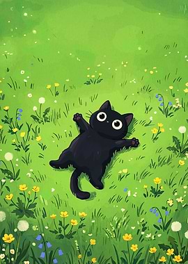 Black Cat Relaxing in a Meadow