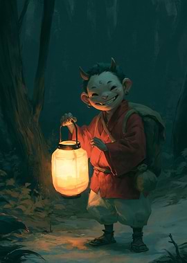 Smiling creature with lantern in forest