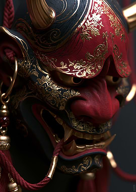 Detailed Oni Mask with Gold Ornaments