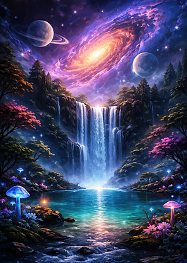 Fantasy Waterfall Galaxy Landscape
