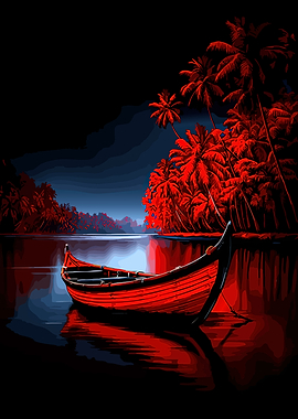 Red Boat on Water at Night