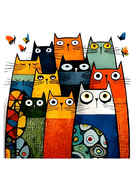 Whimsical Cat Family with Butterflies