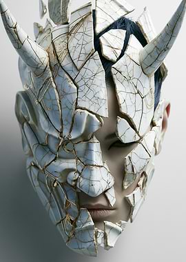 Cracked Oni Mask on Human Face