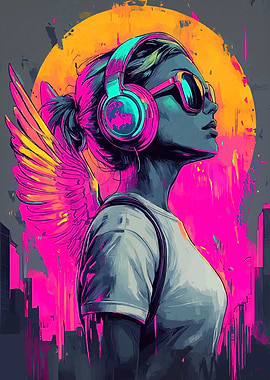 Woman with headphones and wings