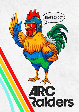 Rooster in Helmet with 'Don't Shoot' Speech Bubble