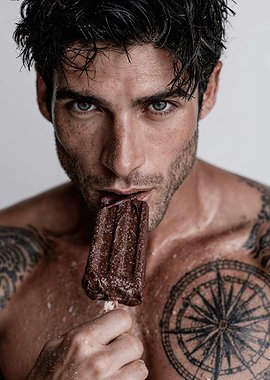 Tattooed Man Eating Chocolate Popsicle