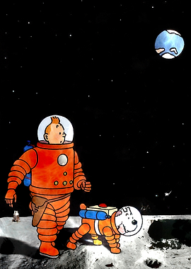 Tintin and Snowy on the Moon