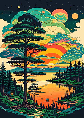 Vibrant Surreal Landscape with Tree and Sunset