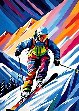 Skier in Colorful Ski Suit on Snowy Mountain