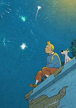 Tintin and Snowy Watching Fireworks