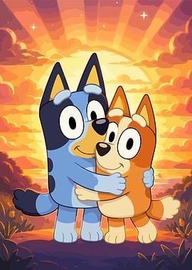 Bluey and Bingo hugging at sunset
