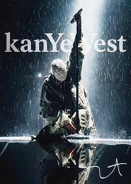 Kanye West performing in the rain