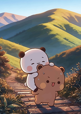 Cute pandas on a mountain path