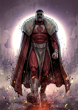 Omni-Man Walking Through City Ruins