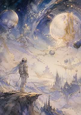 Astronaut Gazing at a Cosmic Cityscape