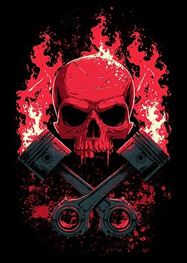 Skull and Pistons with Flames
