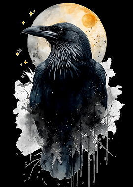 Raven and Moon Watercolor Art