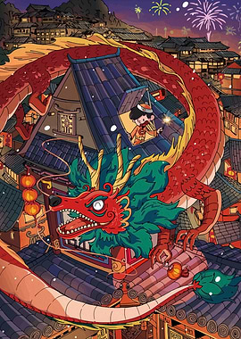 Dragon Over Traditional Chinese Town