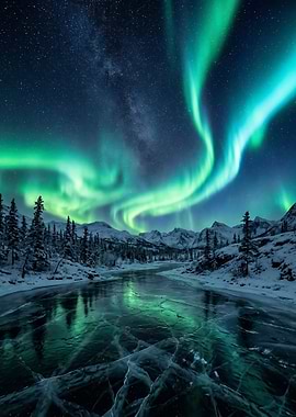 Aurora Borealis over Frozen Landscape