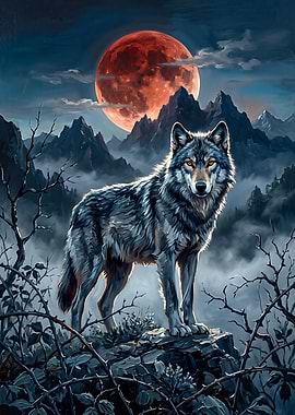 Wolf under a Blood Moon in Misty Mountains