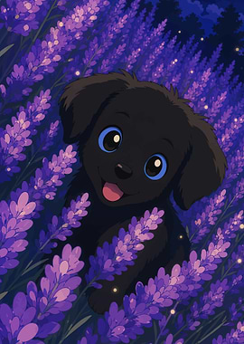 Cute black puppy in lavender field