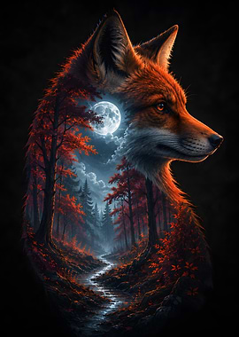 Fox Silhouette with Moon Forest