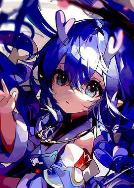 Anime Girl with Blue Hair and Horns
