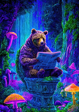 Bear Reading Newspaper in Psychedelic Forest