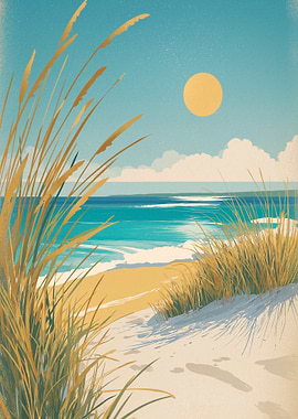 Beach scene with tall grass and ocean