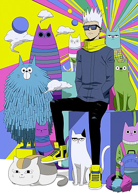 Anime Character with Cats and Colorful Background