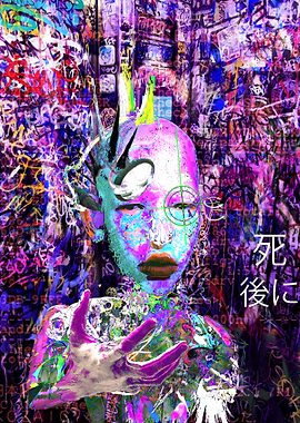 Cyberpunk Figure with Graffiti Background