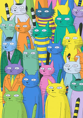 A Crowd of Colorful Cartoon Cats