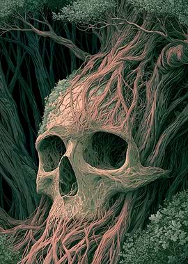 Skull formed from tree roots