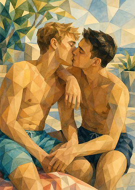 Two men kissing by the sea