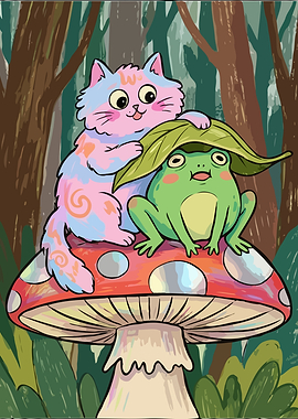 Cute Cat and Frog on Mushroom