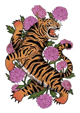 Tiger Among Pink Chrysanthemums