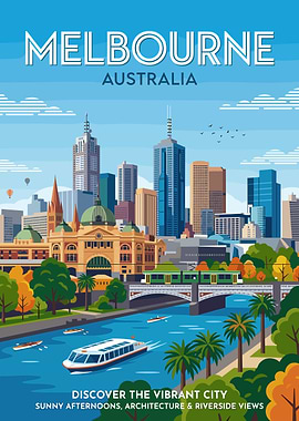 Melbourne Cityscape with River and Boat