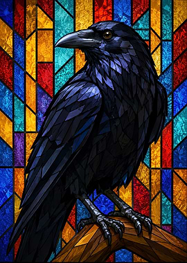 Stained Glass Raven on Branch