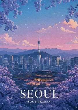 Seoul Cityscape with Cherry Blossoms