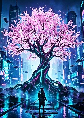 Cyberpunk Warrior Japanese Futuristic Poster