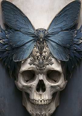Skull with Butterfly Wings and Ornate Decor