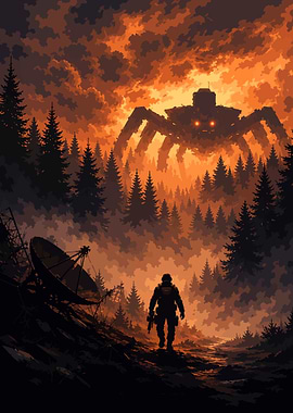 Giant Spider Mech in Fiery Forest