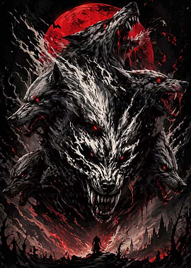 Multi-headed wolf under red moon
