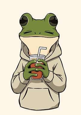 Frog in Hoodie Drinking Beverage