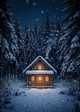 Cozy Cabin in Snowy Forest