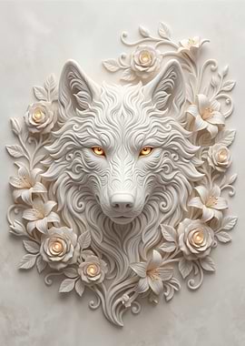 White Wolf Head with Flowers