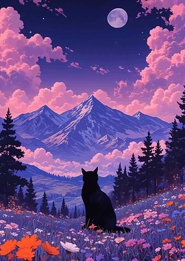 Cat Gazing at Mountain Landscape